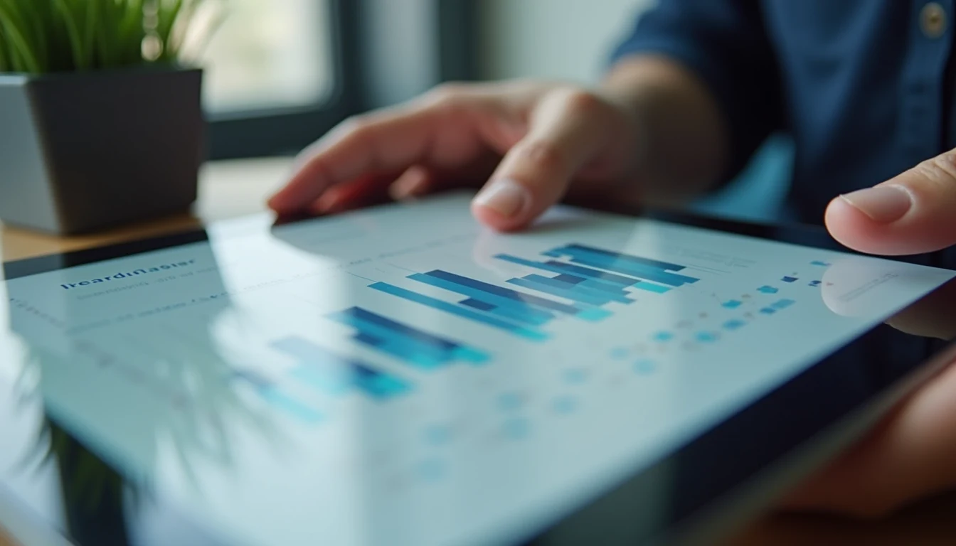 Close-up view of a person analyzing business growth charts on a tablet