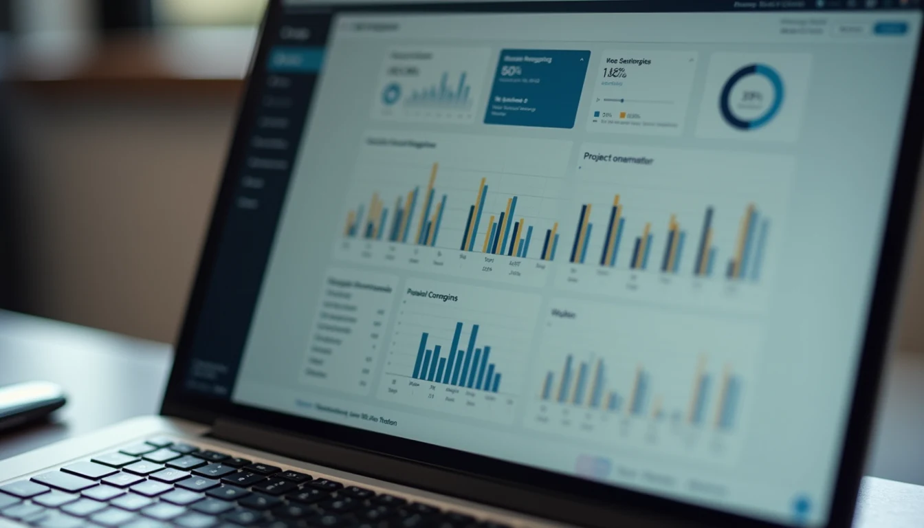 Close-up view of a laptop screen showing a project management dashboard