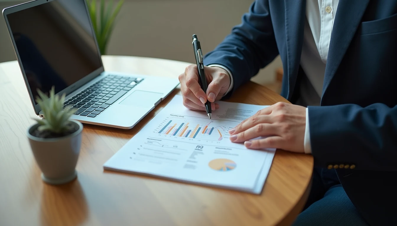 High angle view of a person working on marketing strategy with notes and laptop
