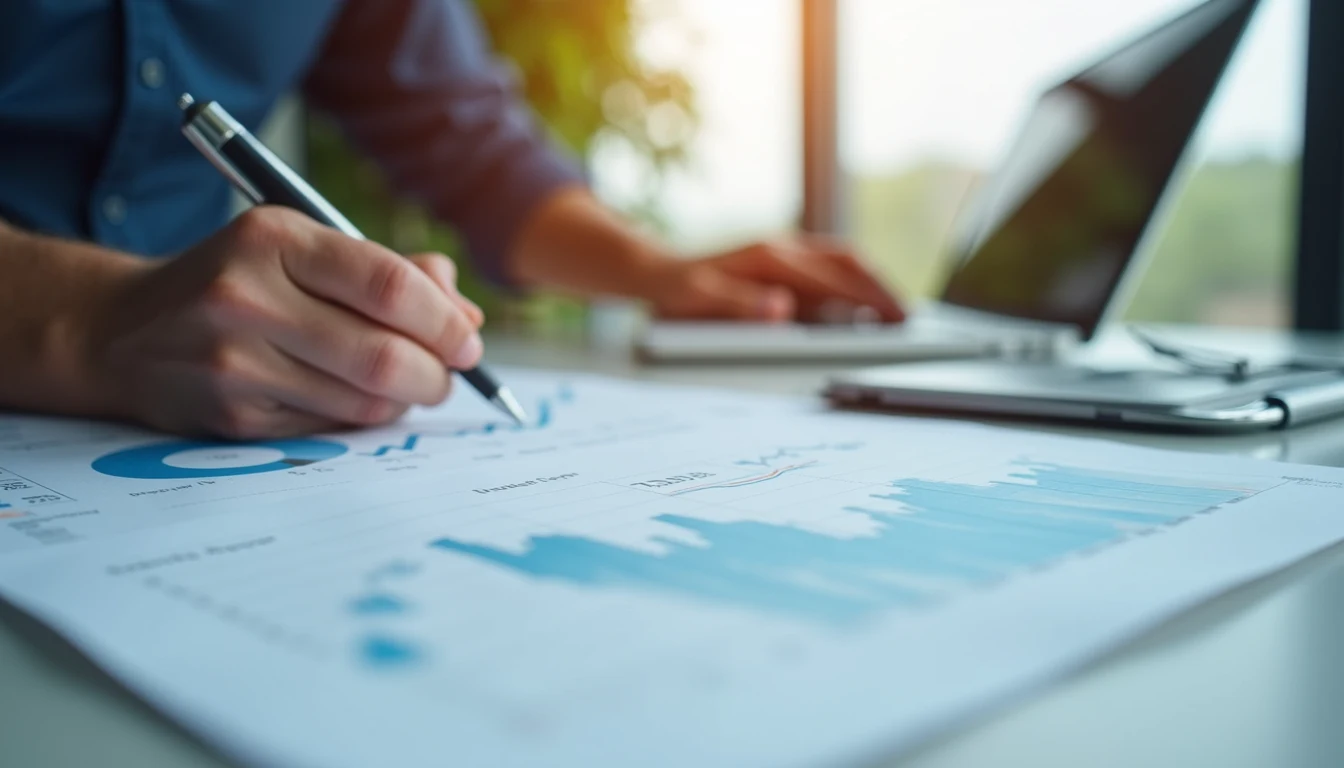 Close-up of a financial report and growth charts on a desk