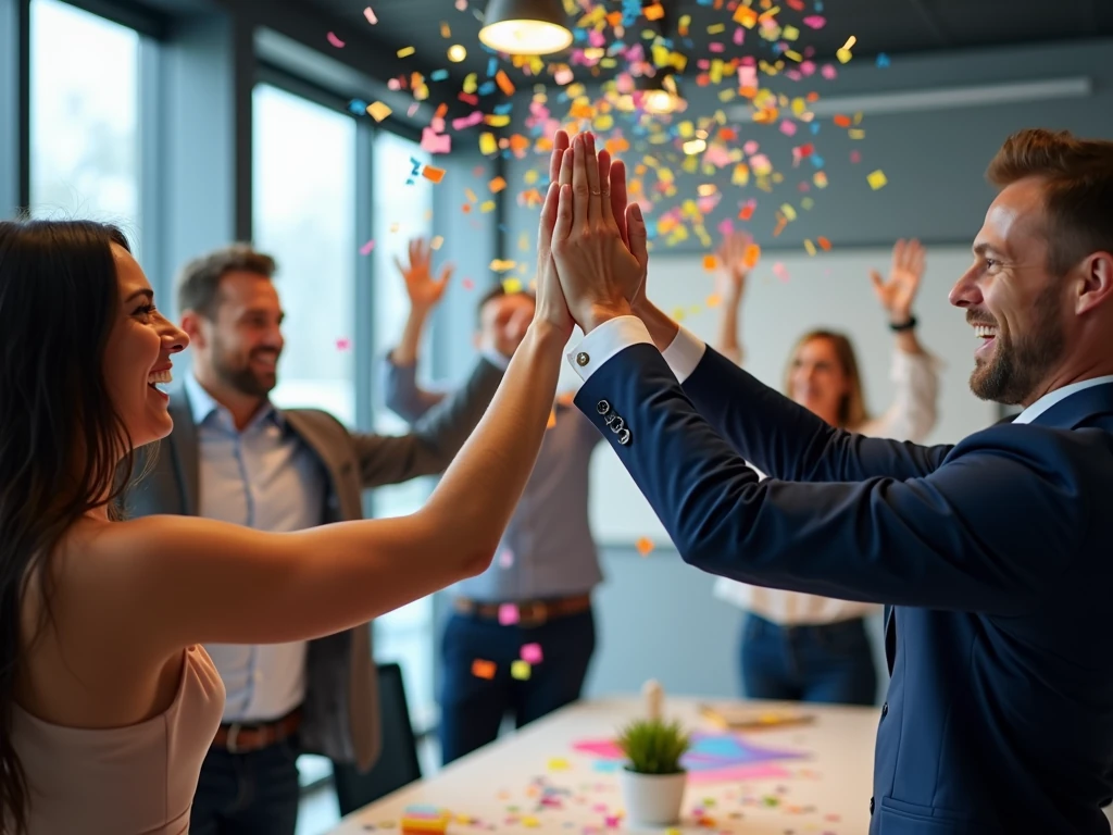 A dynamic shot of a sales-team-celebrating-a-successful-deal-with-confetti-and-high-fives-